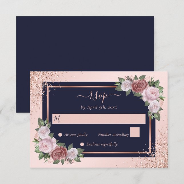 Cartão RSVP Marinho Azul Rosa Dourado Casamento Floral Rosa-Ro (Frente/Verso)