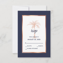 Cartão RSVP Marinho Azul Rosa Dourado Copper Palm Tree Beach C