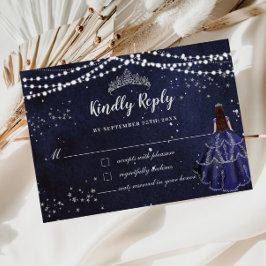 Cartão RSVP Marinho Azul Vestido Silver Quinceañera