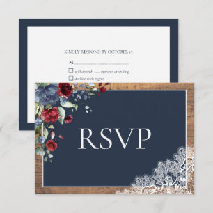 Cartão RSVP Marinho Blue Burgundy Floral Lace Wood Casamento R
