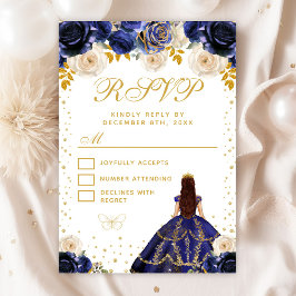 Cartão RSVP Marinho Blue Floral Princesa Quinceañera