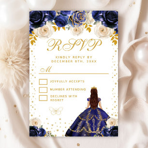 Cartão RSVP Marinho Blue Floral Princesa Quinceañera