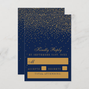 Cartão RSVP Marinho Blue & Glam Dourado Casamento Confetti