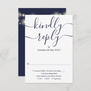 Cartão RSVP Marinho Blue Script String Luzes Casamento