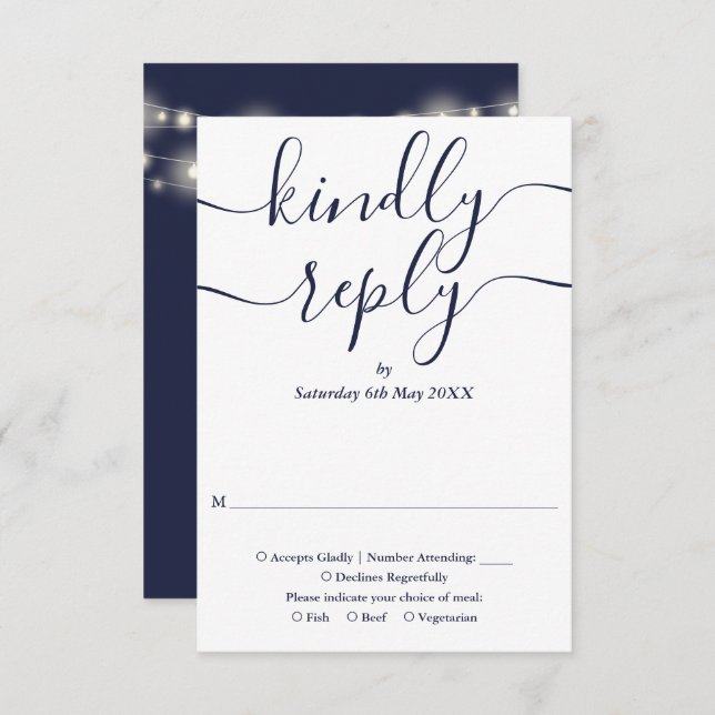Cartão RSVP Marinho Blue Script String Luzes Casamento (Frente/Verso)