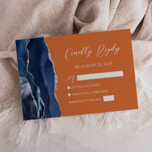 Cartão RSVP Marinho Blue Silver Agate Burnt Orange Script