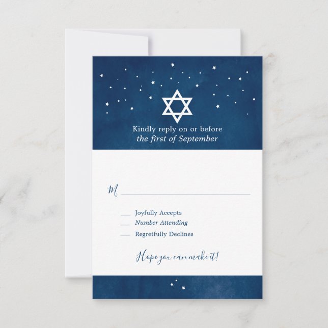 Cartão RSVP Marinho Blue Watercolor Starry Night Bar Mitzvah R (Frente)
