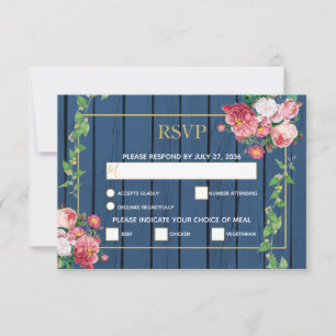 Cartão RSVP Marinho Blue Wood Vintage Rosas Rosa e Casamento D