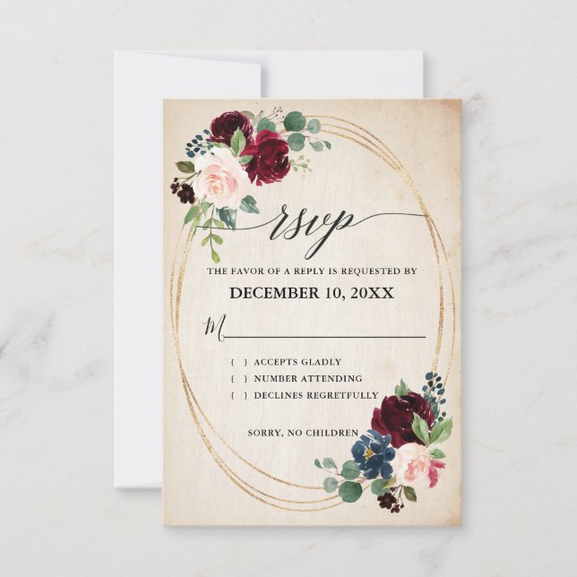 Cartão RSVP Marinho Borgonha Russa Floral Boho Casamento País  (Frente)