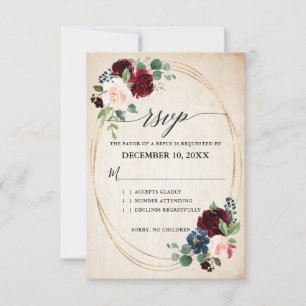 Cartão RSVP Marinho Borgonha Russa Floral Boho Casamento País 