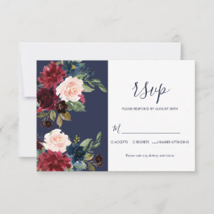 Cartão RSVP Marinho Burgundy Modern Simple Marinho Casamento B