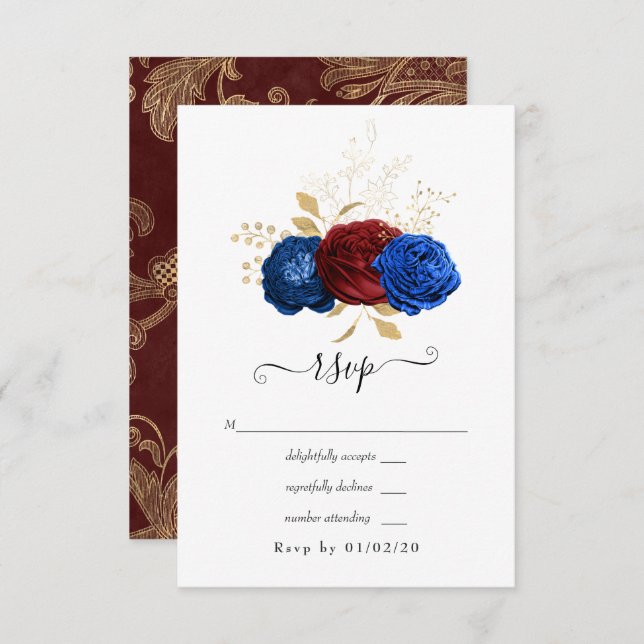 Cartão RSVP Marinho, Casamento Floral Vermelho e Dourado (Frente/Verso)