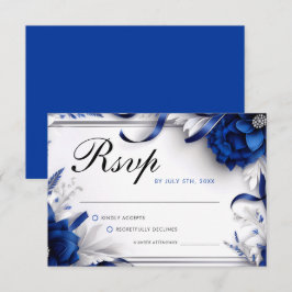 Cartão RSVP Marinho Chic Blue & Silver Flowers Fitas Casamento
