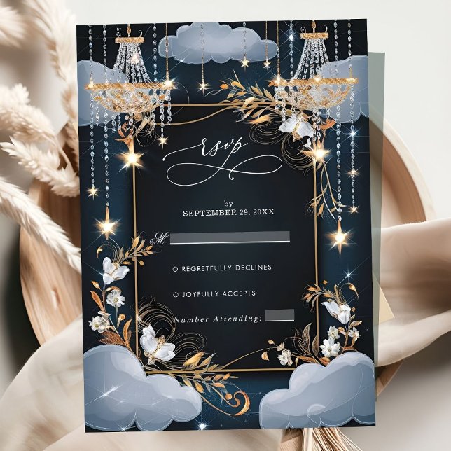 Cartão RSVP Marinho Chic Ouro Chandelier Wedding (Criador carregado)