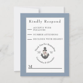 Cartão RSVP Marinho de Âncora Floral Náutica Azul