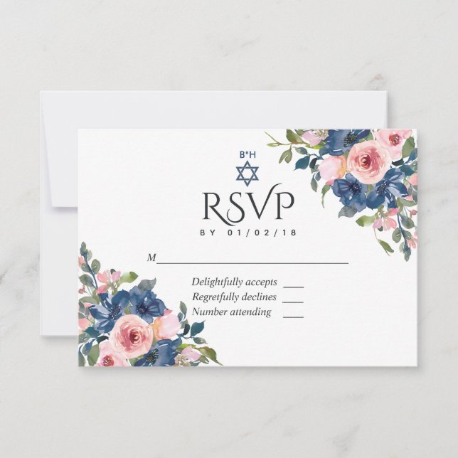 Cartão RSVP Marinho de Aquarela e Bat Floral Blush Mitzvah (Frente)