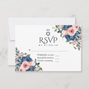 Cartão RSVP Marinho de Aquarela e Bat Floral Blush Mitzvah