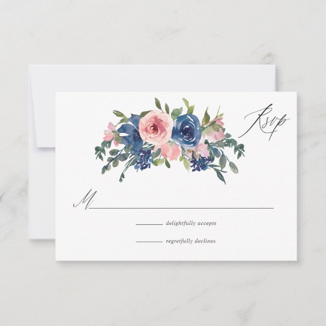 Cartão RSVP Marinho de Aquarela e Casamento Floral Blush (Frente)