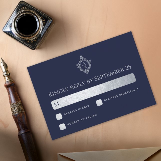 Cartão RSVP Marinho De Casamento De Crest Folha De Prata Azul (Criador carregado)