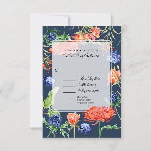 Cartão RSVP Marinho de Casamento Floral Flores Laranja Verde (Frente)