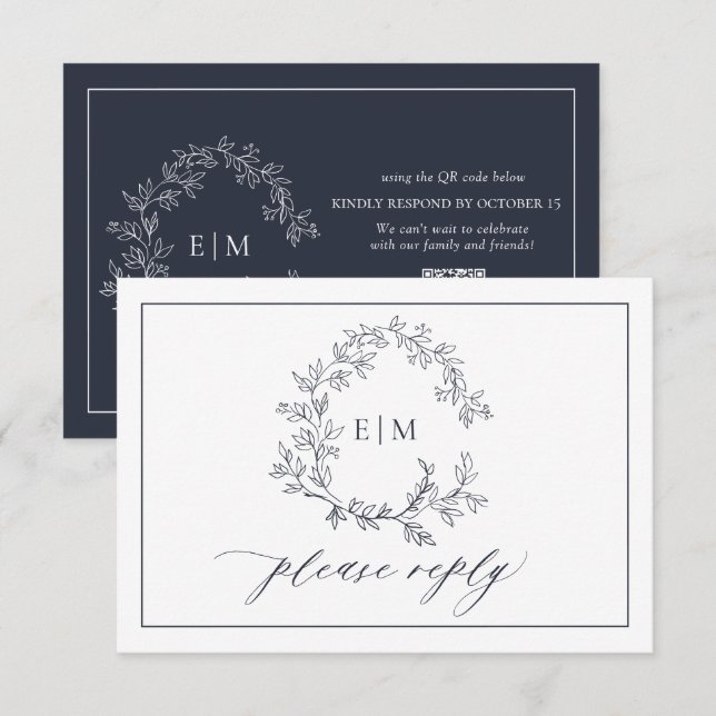 Cartão RSVP Marinho de Código QR Blue Leafy Crest Monograma Ca (Frente/Verso)
