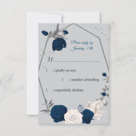 Cartão RSVP marinho de flores azuis e brancas cinza geométrica