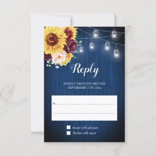Cartão RSVP Marinho de girassol Blue Jar Lights Floral Casamen