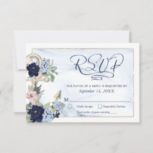 Cartão RSVP Marinho de Script Elegante Floral de Âncora Náut