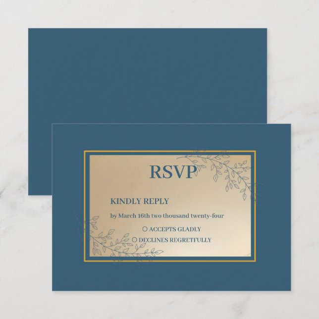 Cartão RSVP Marinho Dourado Retângulo Floral Boho Casamento (Frente/Verso)