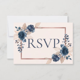 Cartão RSVP Marinho Dourado Rosa Azul Dusty Casamento Floral R