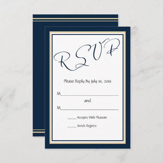 Cartão RSVP Marinho e Casamento Elegante Dourado (Frente/Verso)