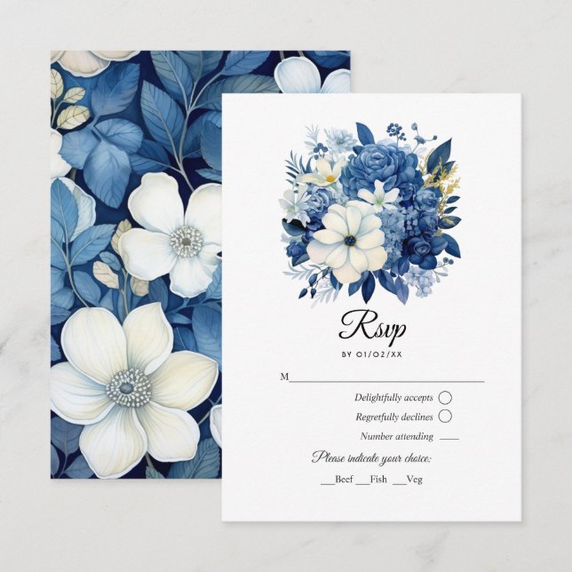 Cartão RSVP Marinho e Casamento Floral Branco (Frente/Verso)
