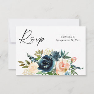 Cartão RSVP Marinho e cor-de-rosa azul poeirento Floral 2 com