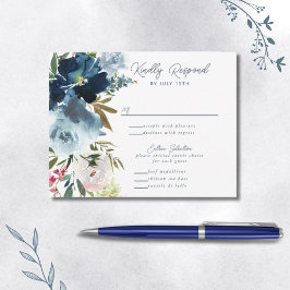 Cartão RSVP Marinho e Dusty Blue Elegante Aquarela