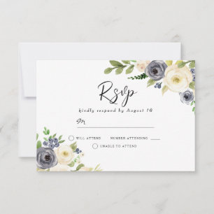 Cartão RSVP Marinho e Flores Brancas de Aquarelas Belo Casamen