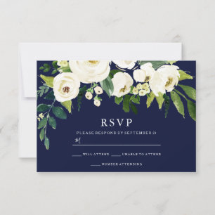 Cartão RSVP Marinho e Flores Brancas de Casamento