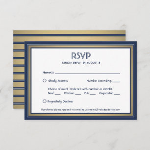 Cartão RSVP Marinho Elegante Azul Branco e Dourado com opções 