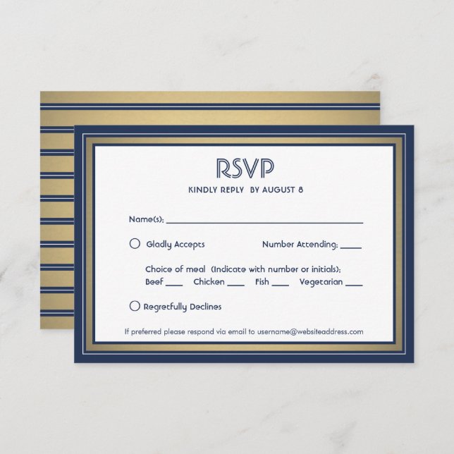 Cartão RSVP Marinho Elegante Azul Branco e Dourado com opções  (Frente/Verso)