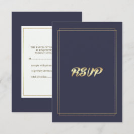 Cartão RSVP Marinho Elegante Azul | Casamento Dourado