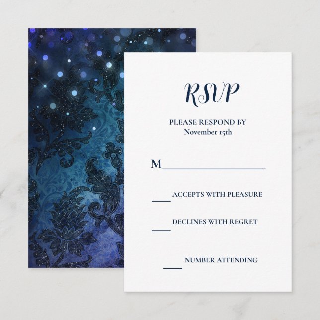 Cartão RSVP Marinho Elegante Casamento no inverno azul (Frente/Verso)