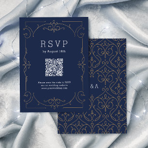 Cartão RSVP Marinho elegante código QR clássico de vintage mod