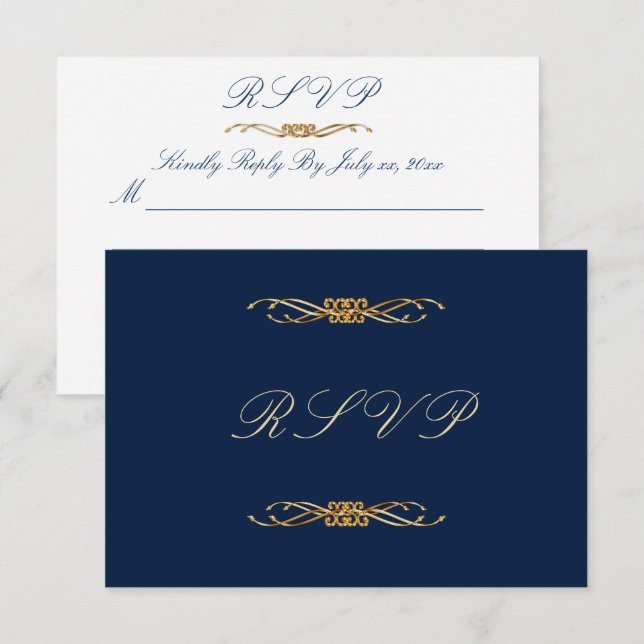 Cartão RSVP Marinho Elegante e Casamento Dourado (Frente/Verso)