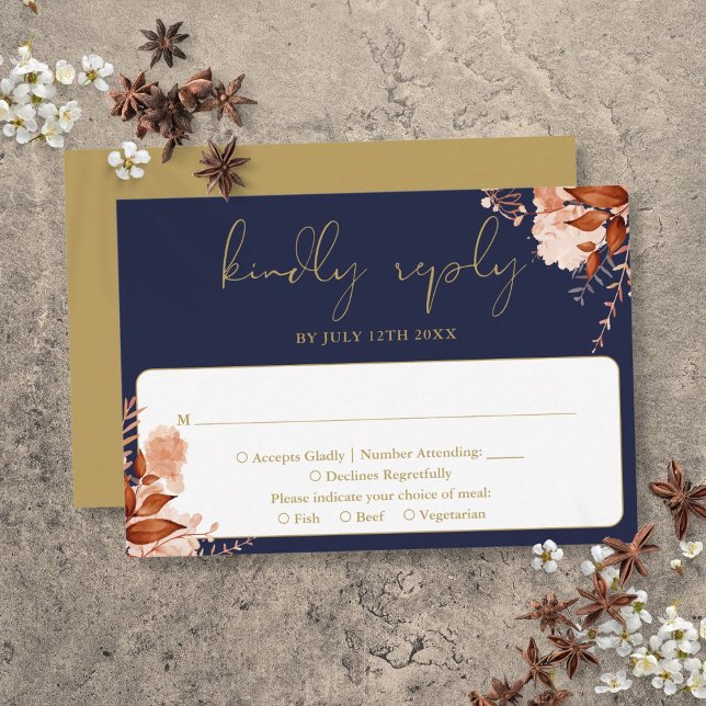 Cartão RSVP Marinho Elegante Floral Russo Azul E Casamento Dou (Rustic Floral Elegant Navy Blue And Gold Wedding RSVP Card)