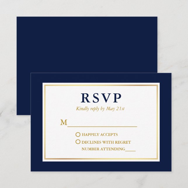 Cartão RSVP Marinho Elegante moderno Azul Branco Dourado (Frente/Verso)