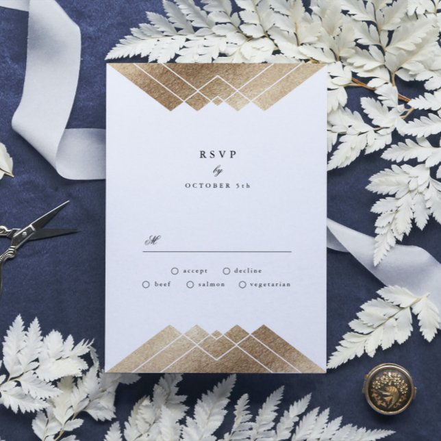 Cartão RSVP Marinho Escuro Geométrico Dourado Gatsby Wedding R (Criador carregado)