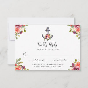 Cartão RSVP Marinho Floral de Âncora Náutica - Azul - Strips