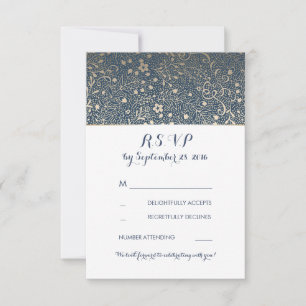 Cartão RSVP Marinho floral Dourado do vintage que Wedding