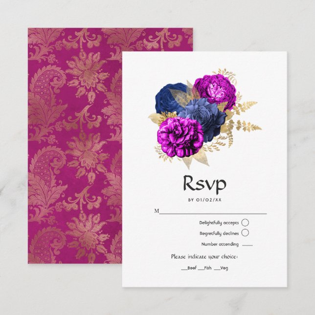 Cartão RSVP Marinho magenta e Casamento Floral Dourado (Frente/Verso)