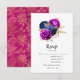 Cartão RSVP Marinho magenta e Casamento Floral Dourado