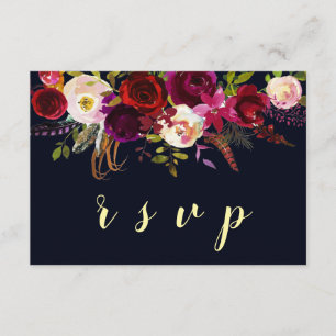 Cartão RSVP Marinho Marsala Boho Casamento outono Floral Cartã